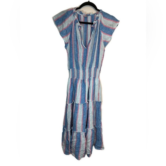 RAILS AMELLIA LINEN-BLEND MIDI BLUE PINK DRESS KONA STRIPE COTTON LINEN TIERED - Picture 6 of 12
